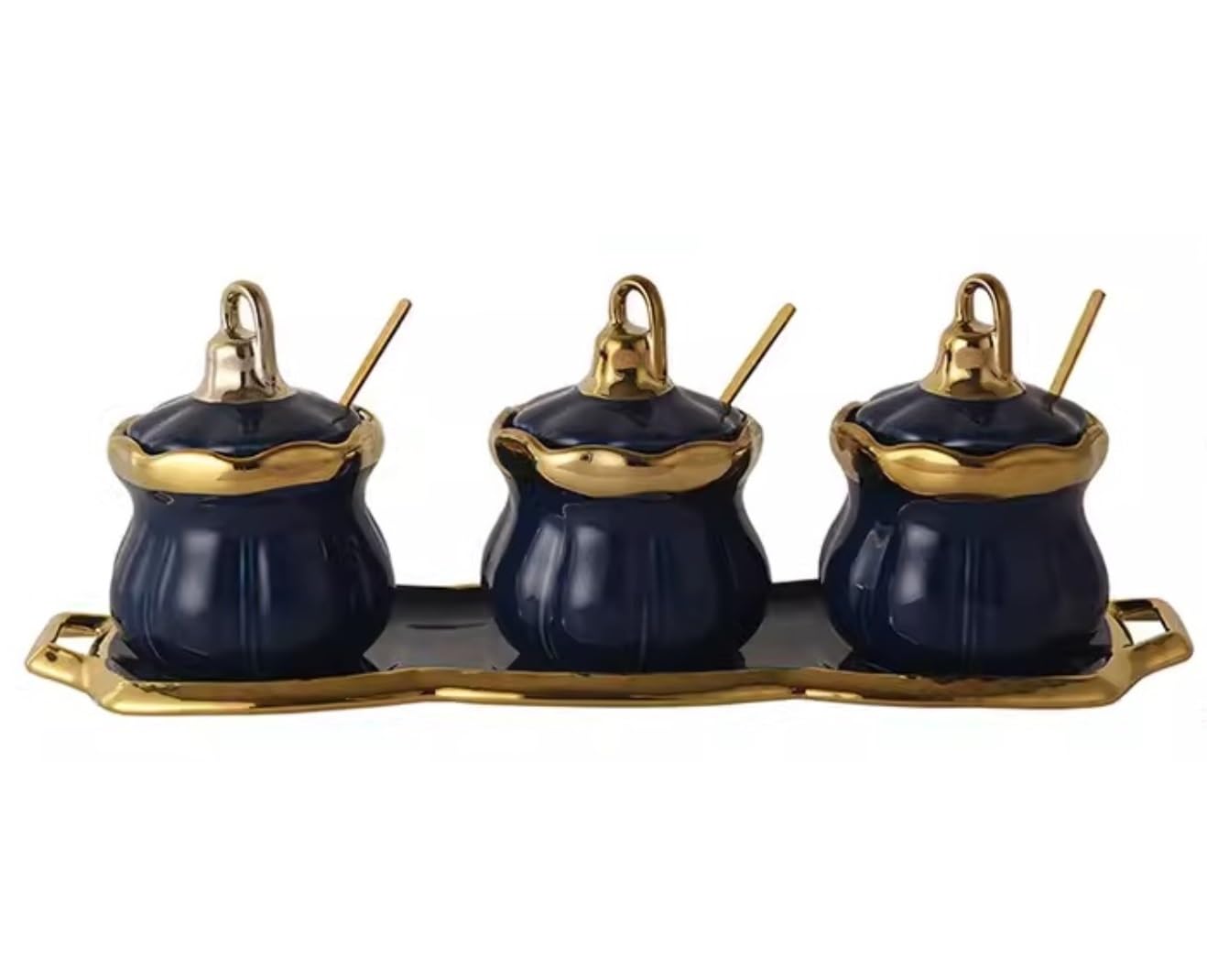 SAeWare Tarro de condimentos, contenedor de especias de cerámica con tapa, cuchara y bandeja, tarro de condimentos, caja de almacenamiento de especias, salero de cocina, encimera de cocina, azul, 3