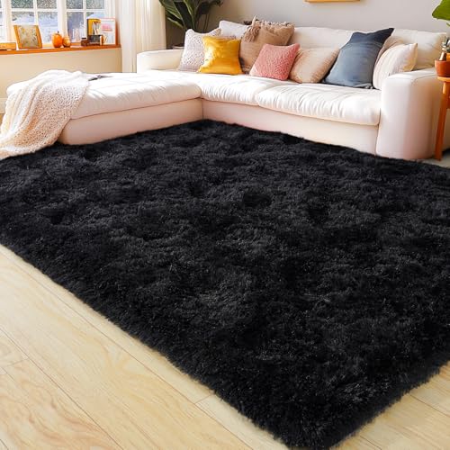 KING DARE 6x9 Area Rugs for Living Room Black Rug, Fluffy Shaggy Fuzzy Plush Furry Large Floor Carpet, Anti-Slip Washable Modern Soft Rug for Bedroom Girls Boys Room Indoor