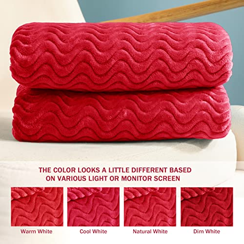 Exclusivo Mezcla King Size Flannel Fleece Blanket, 90X104 Inches Soft Jacquard Weave Wave Pattern Velvet Plush Blanket For Bed, Cozy, Warm, Lightweight And Decorative Red Blanket #TOP3
