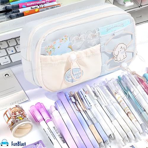 Image of FunBlast Pencil Pouch for Girls - Aesthetic Multi-Compartment Zipper Pouch with Drawstring Pocket, Cute Kawaii Pencil Case, Stylish Stationery Pouch, Return Gift for Kids & School Use (Blue)