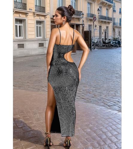 Image of Jigfar Women Sexy Elegant Rhinestone Mesh See Through Party Club Night Split Bodycon Formal Maxi Dress