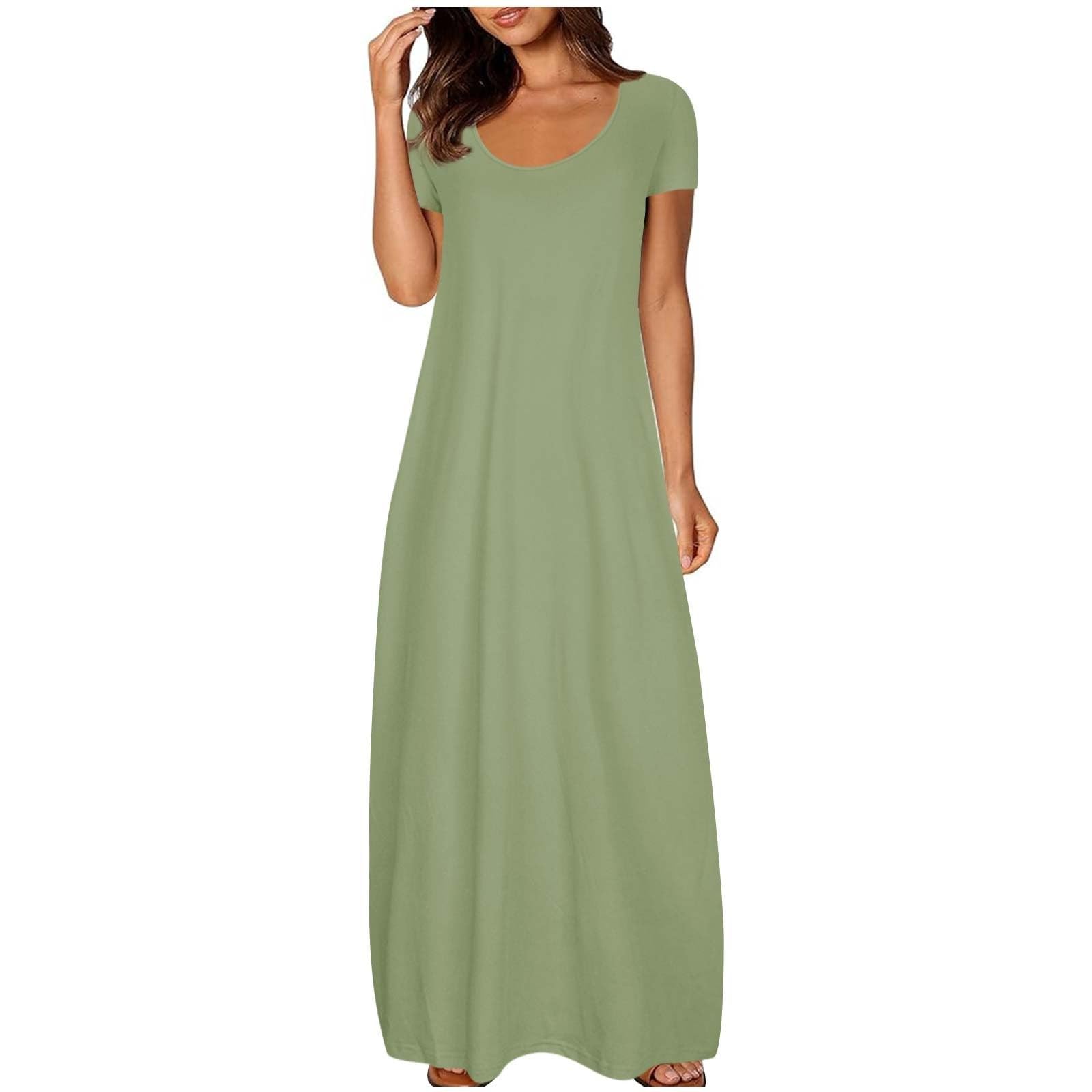 Summer Maxi Dresses for Women UK Casual Short Sleeve Cotton Swing Long Dress Scoop Neck Flowy Sundress with Pockets for Beach Holidays
