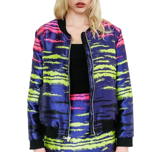 Alchemy & Sorcery Women's Rory Bomber Jacket, Colorful Jacquard Pattern, Purple with Pink and Green, y2k, Neon, 90s Fashion