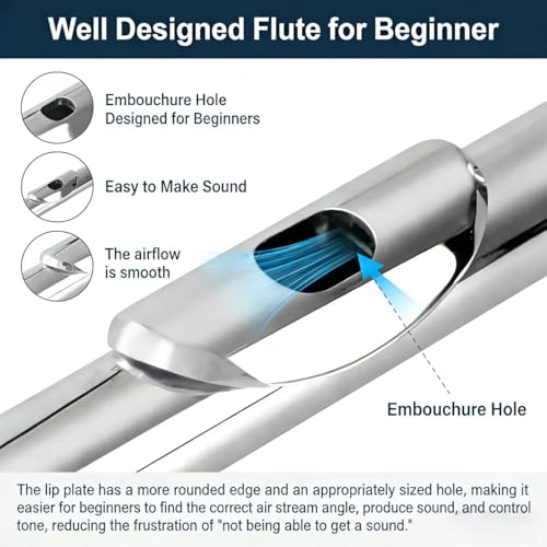 Image of C Flute 16 Key Closed Hole - Beginner Flute to Professional Concert Flute | Nickel /Silver Plated Flute Instrument with Cleaning Kit, Case & Tuning Rod | Flutes for Beginners, Students & Professional