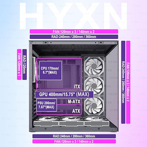 Image of H1 HYXN PC Case, Pre-Installed 7 Infinity Mirror PWM ARGB Fans, ATX Mid Tower Computer Case, Gaming PC Case with Type-C, 270 Full View Tempered Glass, 3X 360mm Radiator Support, Black