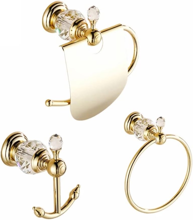 LSLYTQ Bath Hardware Sets, European Style Hook on The Wall, Luxury Crystal Brass Paper Holder, Gold Bathroom Hangings Towel Ring