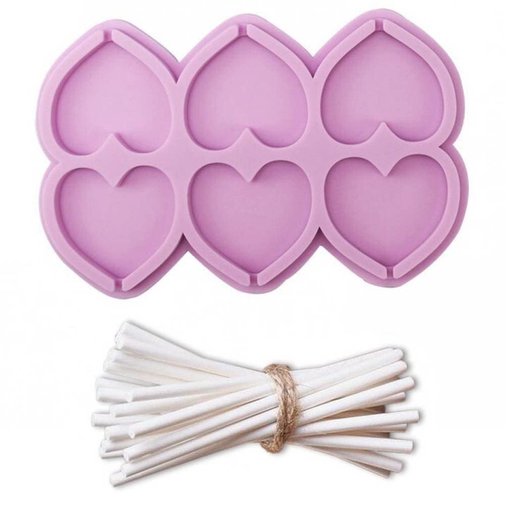 Fituenly Purple Silicone Lollipop Mold 6-Cavity Heart Lollipop Mould Trays Reusable Diy Candy Chocolate Sucker Molds With 20 Hard Sticks