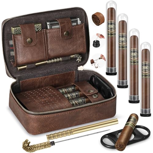 SEMKONT Cigar Humidor Leather Travel Cigar Case Portable Cigar Box with Cigar Draw Enhancer and Multifunction Cigar Cutter Cigar Accessories Gift Set (Brown)