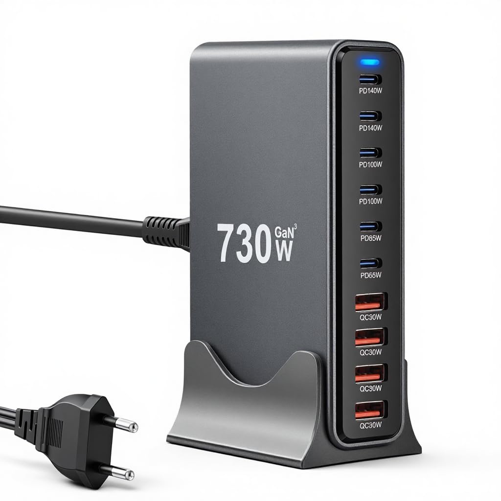 Cargador USB C 730W, Estación de Carga 10 Puertos, Cargador Rápido Adaptador Sector para Ordenador portátil 140W, Alimentación PD, Compatible con iPhone/Samsung/Google/Laptop/MacBook Pro/Air/DELL