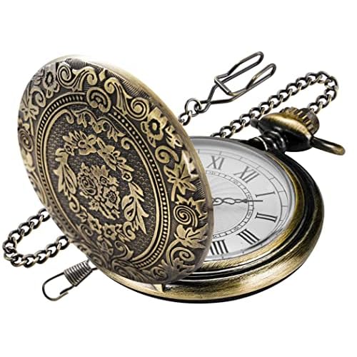 Bronze Large Decorative Flower Pattern Pocket Watch White Roman Numeral Scale Quartz Pocket Watches for Men with Chain