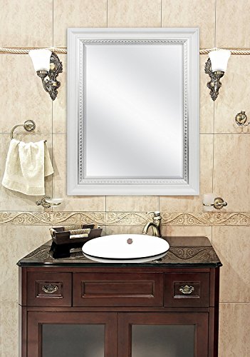 Image of MCS 23x29 Large Wall Mirror, White Woodgrained Frame with Silver Embossed Detail & Beveled Detail Mirror, Vertical & Horizontal Wall Hanging Mirror for Bathroom, Bedroom & Livingroom