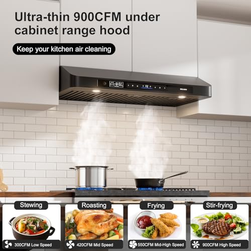 Image of BRANO 36 Inch Under Cabinet Range Hood with Voice /Gesture /Touch Control, 900 CFM Kitchen Hood with 4-Speed Exhaust Fan, Stainless Steel Stove Hood with LED Lights, Baffle Filters