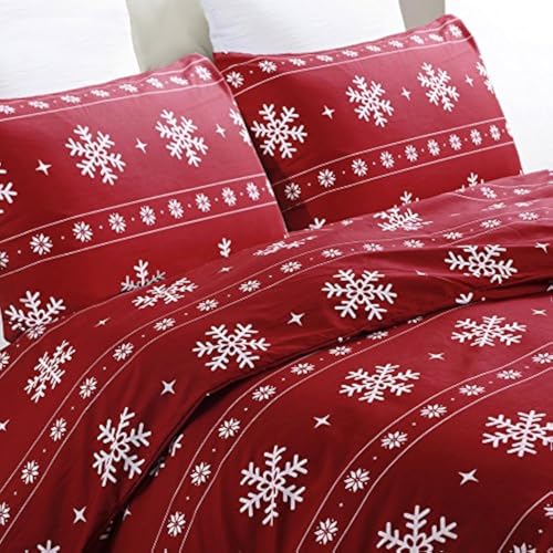 Vaulia Soft Microfiber Christmas Duvet Cover Set Snowflake Pattern Design Christmas Holidays Red Color - Twin Size