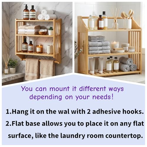 Image of Goaste Bamboo Over The Toilet Storage Shelf, 3-Tier Wall Mounted Bamboo Rack Organizer, Floating Rack with Hanging Rod, Free Standing Shower Shelf with Adjustable Layer for Kitchen, Bathroom, Home