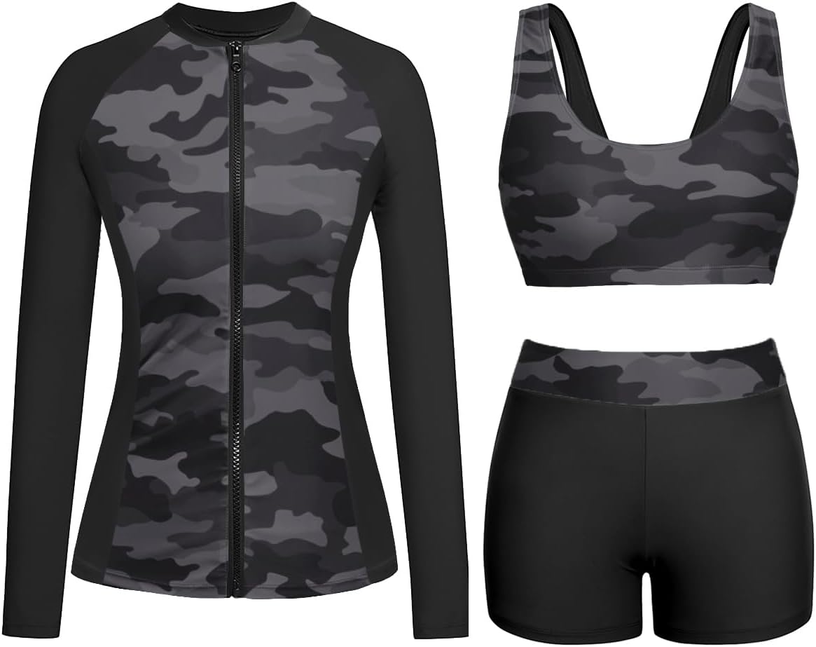 Holipick Long Sleeve Swimsuits for Women - 3 Piece Rash Guard with Shorts Zipper SPF Swim Shirt with Built in Bra