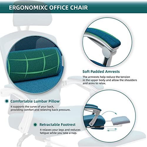 Image of DUMOS Home Office Desk Chair with Footrest, High-Back Mesh Rolling Swivel Reclining Chairs with Wheels, Comfortable Headrest, Lumbar Support, Comfy Arms for Home, Office, Gaming, Student, Elegant Blue