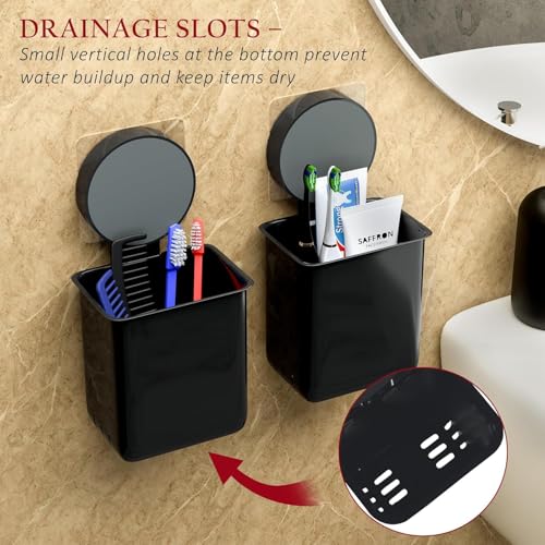 Image of Wall-Mounted Tooth Brush Holder Bathroom - Self-Adhesive Bathroom Organiser Without Drill for Toothbrushes, Toothpaste and Makeup Brushes - Plastic Brush Holder for Bathroom (2, Black)