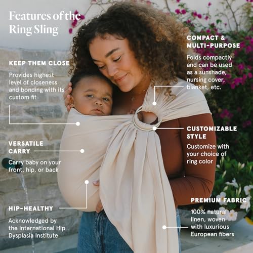 Image of WildBird - Ring Sling Baby Carrier - 0-36 Months (up to 35 lbs) - Long (90 inch) Sparrow & Gold Ring - Front, Hip or Back Carry - Adjustable Fit - Natural Linen - Baby Essentials - New Mom Gifts