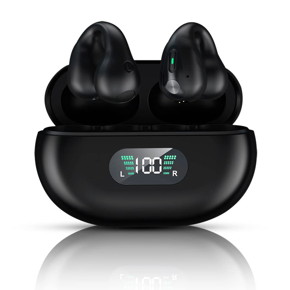 2024 New Wireless Ear Clip Headphones, Open Ear Headphones Mini Headphones, Bluetooth 5.3 Sports Waterproof Headphones Wireless Earbuds with Earhooks (X- Black)