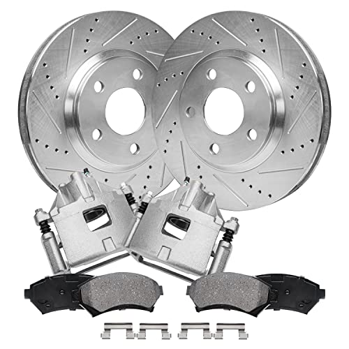 Image of Detroit Axle - Front Brake Kit for Chevy Impala Monte Carlo | Cadillac DeVille Seville Eldorado Buick Riviera Olds Intrigue, Drilled & Slotted Brake Rotors Calipers Ceramic Brake Pads