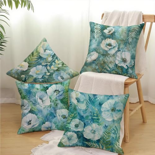 Housse de coussin 50x50cm velours bleu fleur douceur et sérénité maison