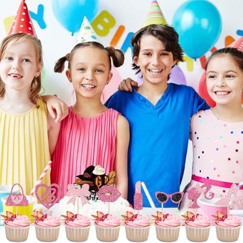 Biendo 6903460 32 Pcs Glitter Pink Princess Cupcake Toppers Girl Cupcake Picks Handbag Glasses Bow Tie Lipstick High Heel Cake Decorations thumb #3