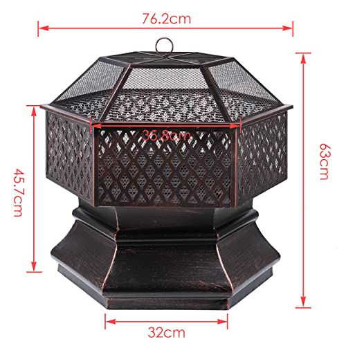 Zeshoekige vuurkorf voor in de tuin, 76 x 76 x 63 cm, met vonkbescherming, voor tuin, terras, strand, voor verwarming en… - Image 8