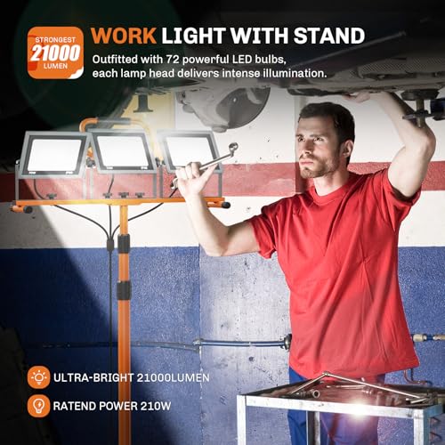 Upgraded 21000Lumen LED Work Lights with Stand - 3 Head Adjustable Work Light with 16FT Cord - IP66 Waterproof Tripod Worklights with Individual Switch for Outdoor Indoor Portable & All-round Lighting by WELLUCK - Used condition - US$49.99