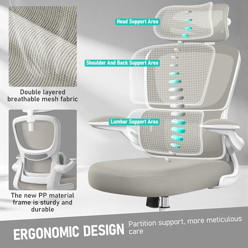 Image of BESTFAIR High Back Ergonomic Office Chair, Breathable Mesh Desk Chair with Lumbar Support, Adjustable Headrest, Flip-up Armrests, Computer Gaming Chair, (LightGray)