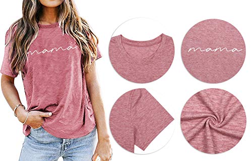 Astanfy Mama Shirts Women Mama Letter Printed T-Shirt Mama Graphic Tee Casual Short Sleeve Tops Tee (Pink, Short Sleeve, X-Large) #TOP3