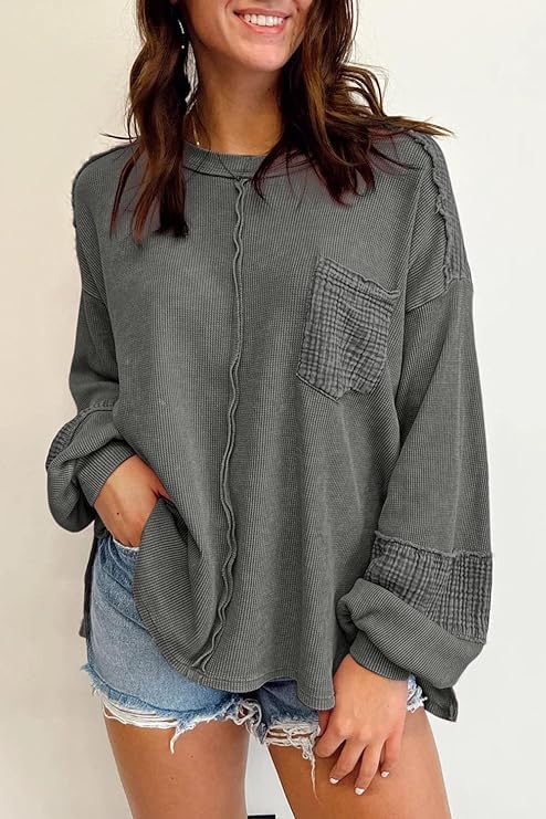 Image of Waffle Knit Long Sleeve Oversized Sweatshirt for Women Exposed Seam Patchwork Side Slit Pullover Sweaters for Women Fall Tops