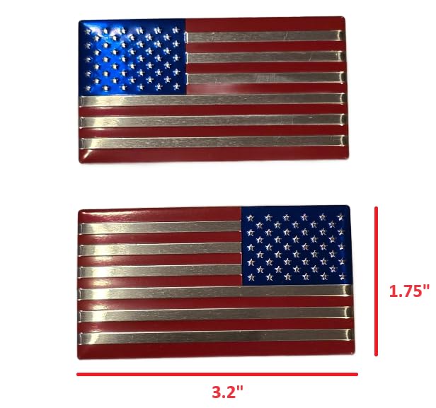 Image of Muzzys (Set of Two) 3.2 inch x 1.75 inch Red Chrome Blue Aluminum Embossed Left & Right American Flag Decal Emblem Sticker Badge United States Stick On Fender Bed Car Truck Window USA