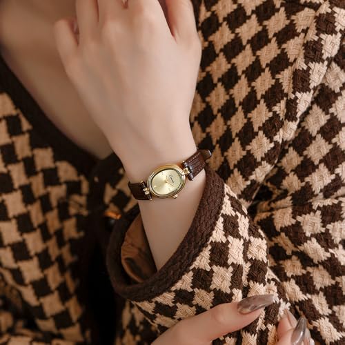Elegant Women's Gold Oval Quartz Watch with Vintage Leather Strap - Waterproof Luxury Casual Timepiece for Ladies - Image 4