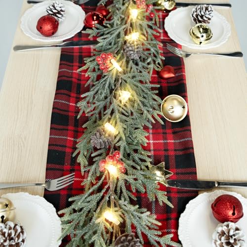 6FT Christmas Garland with Lights, Pre-Lit Artificial Pine Garland with Red Berries, Lighted Flocked Garland for Table Mantle Fireplace Door Stairs Windows Wall Indoor Outdoor Holiday Christmas Decor - Image 7