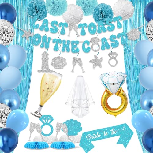 Last Toast on The Coast Bachelorette Decorations, Blue Bridal Shower Party Decorations Including Fringe Curtain, Bride To Be Sash, Veil, Bachelorette Banner, Centerpieces, Hanging Swirls, and Pom poms