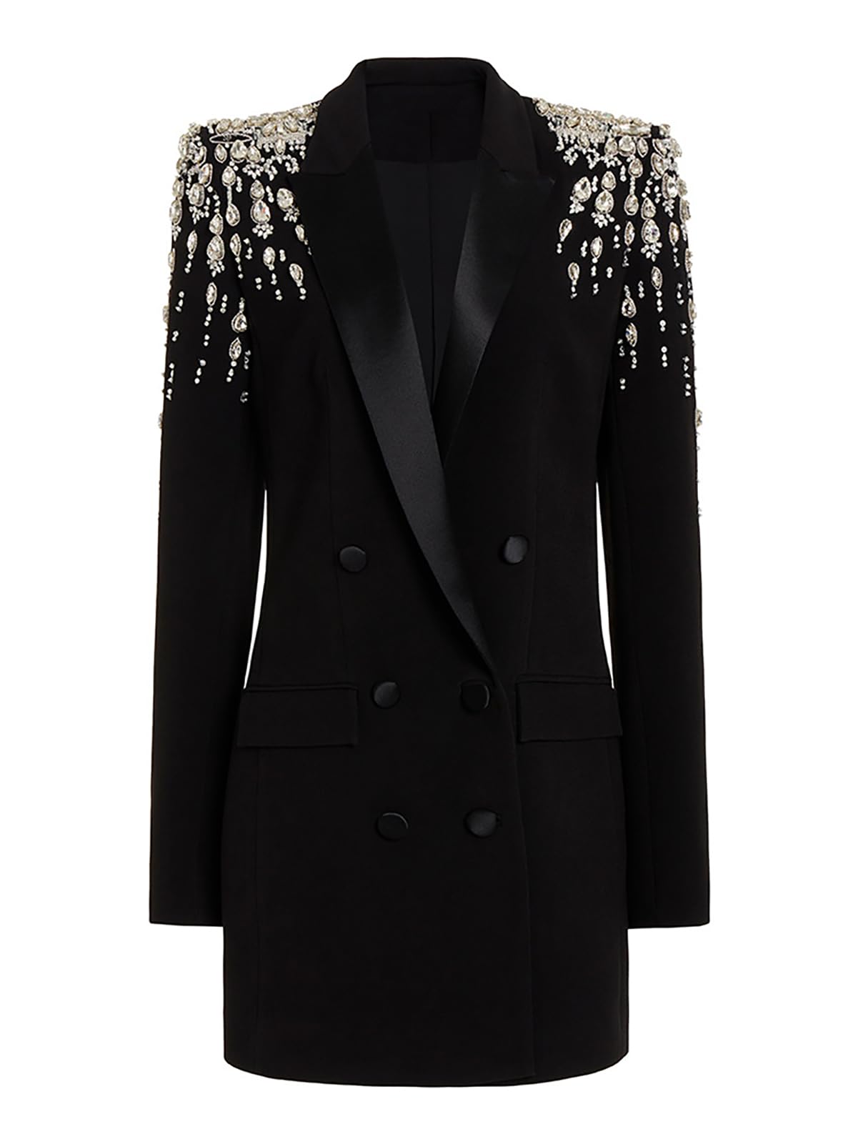 Photo 1 of NCDIMS Women's Rhinestone Long Blazer Dress Jacket Luxury Handmade Diamond Satin Collar Double Breasted Women Suit Outfits for Wedding Party Prom Black
