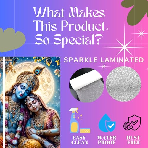 Image of Nozvera Radha Krishna Sparkle Laminated MDF Wall Painting Set of 5 | Radha Krishna Wall Painting Big Size | Wall Art for Living Room Decoration | Wall Decor Items for Home Decor and Bedroom