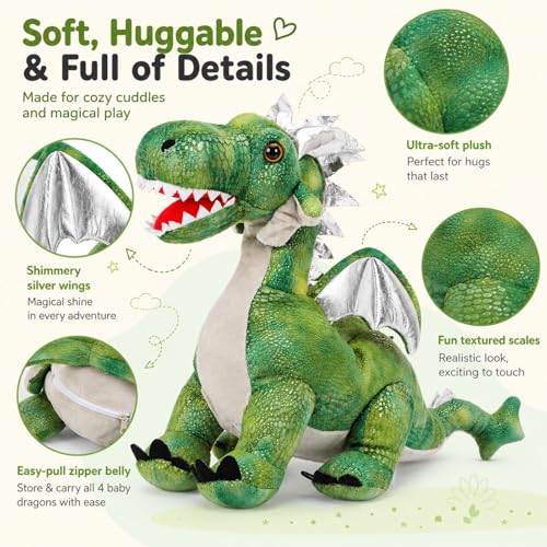 Image of 7Pcs Giant Green Dragon Plush Toy Set, 21.7 inch Big Mother Dragon Stuffed Animal with 4 Babies & 2 Eggs, Stuffed Dinosaurs for Kids Boys Girls, Cute Soft Plushies Gift for Birthday Christmas