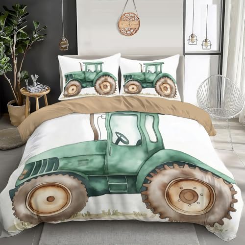 Housse de couette tracteur vert imprimé aquarelle réversible en microfibre douce - 3