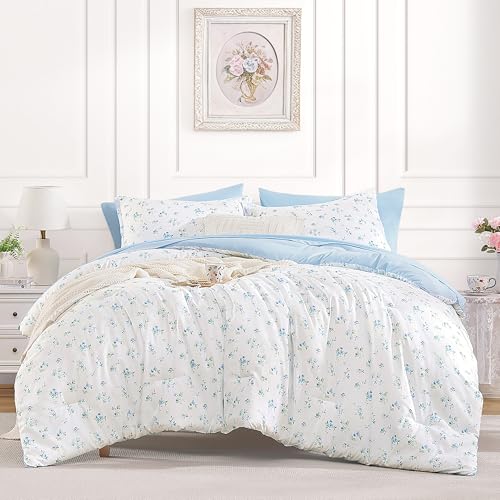 Image of Andency Floral Comforter Set, 7 Pieces Blue Queen Bedding Sets, Cottagecore Flower Bedding, Soft Lightweight Aesthetic Comforter with Sheets, Pillowcases & Shams for Women Teen Girls, White Blue