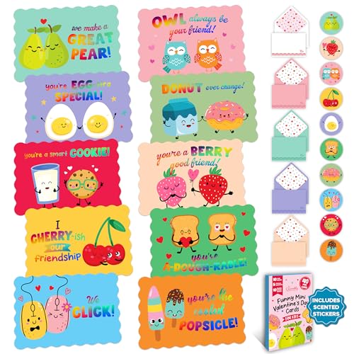 Decorably 40 Pack Holographic Postcard-Style 4.7x3in Valentines Cards for Kids with Envelopes and Scented Stickers, 12 Funny Designs for Loved Ones - Hearts' Day, Gifting, Mailing
