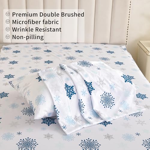 Image of Mooreeke Christmas Holiday Full Sheets, Snowflake Printed Full Bed Sheet Set with Deep Pocket Non-Slip Fitted Winter Sheet