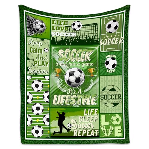 Soccer Blanket - 40x50 Inches Sports Throw Blanket for Boys Kids - Green Soft Fuzzy Blankets for Couch, Sofa & Office