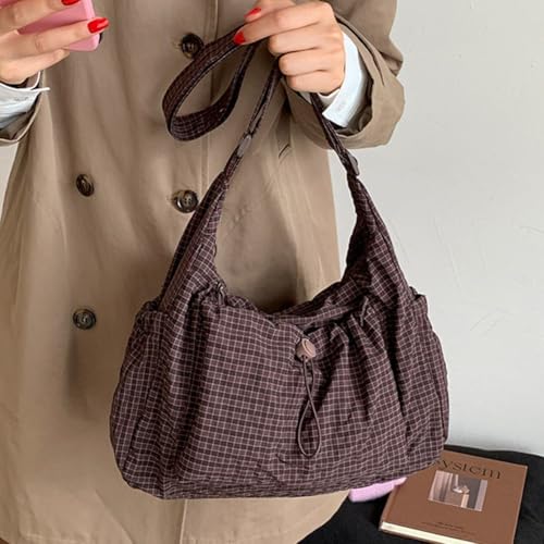 Brxmpn Sacs Bandoulière Coréens en Nylon, Sacs Hobo, Sacs Fourre-Tout Simples À Carreaux avec Fermeture Éclair Cordon De Serrage, Sacs Plissés Style Nuage pour Un Usage Quotidien – vue 3