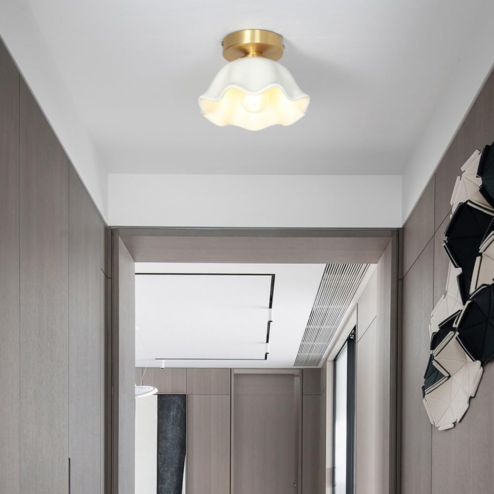 Flower Glass Flush Mount Ceiling Light Ceramic White Glass Nordic Modern Brass Close to Ceiling Light Fixtures Vintage Gold Hallway Ceiling Lighting for Bathroom Entry Way Porch Kitchen