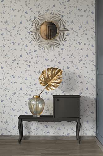 A.S. Création Maison Charme Vliestapete mit floralem Muster 0,53 x 10,05 m – Creme, Grau, Blau – Blumentapete im Landhausstil Made in Germany – 390713