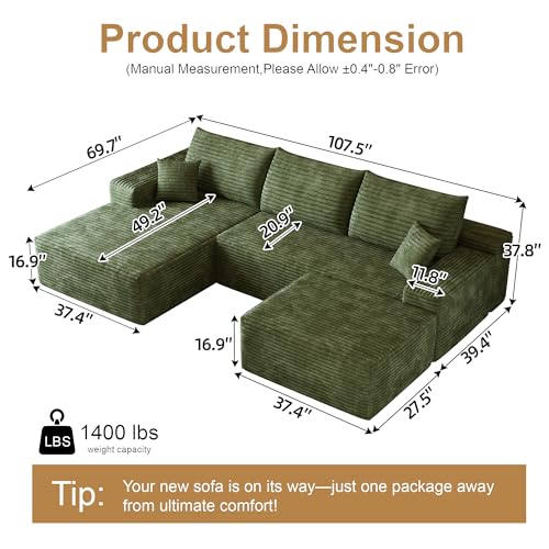 Image of 108 inch Sectional Couches for Living Room Cloud Couch Sofa with L-Shape Upholstered Boneless Couchs Modern Modular Sectional Couch with Chaise (Green, 108 inch Left Facing Chaise+2Seaters+1Ottoman)