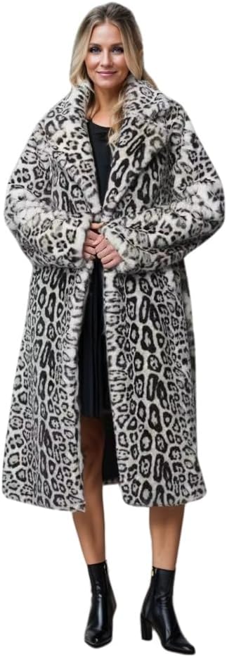 Women Leopard Faux Fur Long Overcoat with Belt Winter Warm Shawl Collar Garment for Outgoing