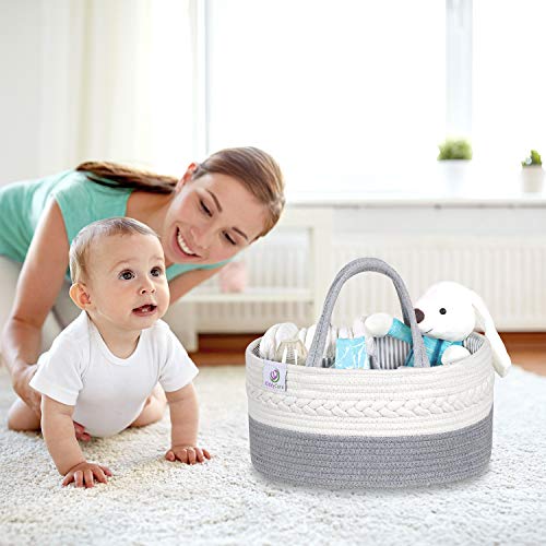 KiddyCare Baby Diaper Caddy Organizer - Stylish Rope Nursery Storage Bin 100% Cotton Canvas Portable Diaper Storage Basket For Changing Table