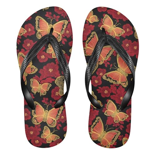 ALAZA Red Flower Butterfly Flip Flops for Women Fashion Beach Slippers Comfort Mens Flip Flops Non-Slip Rubber Shower Slippers Sandal for Hotel Travel Sport,XS